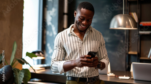 Smiling man using a smartphone, texting or browsing, in a well-lit office space