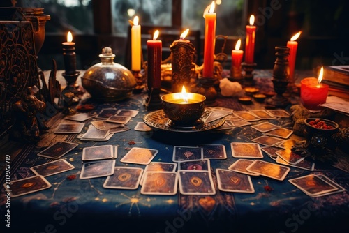 Mystical Tarot Cards Spread on Old Table with Candles and Crystals