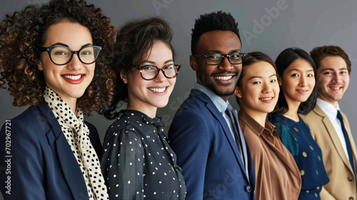 Line-up of cheerful individuals from diverse ethnic backgrounds, with confident smiles, dressed in professional attire, representing a unified team or staff of a modern, inclusive company.