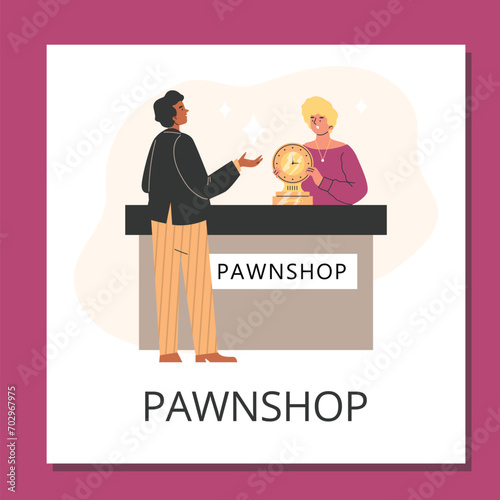 Pawnshop banner or poster with buyer and pawnbroker, flat vector illustration.