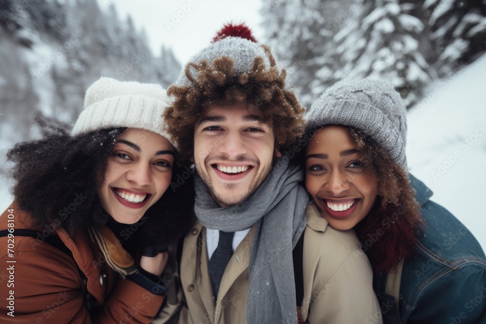 Portrait of happy friends in winter clothes looking at camera and smiling, Multiracial young happy group of friends having fun together on winter holidays, AI Generated