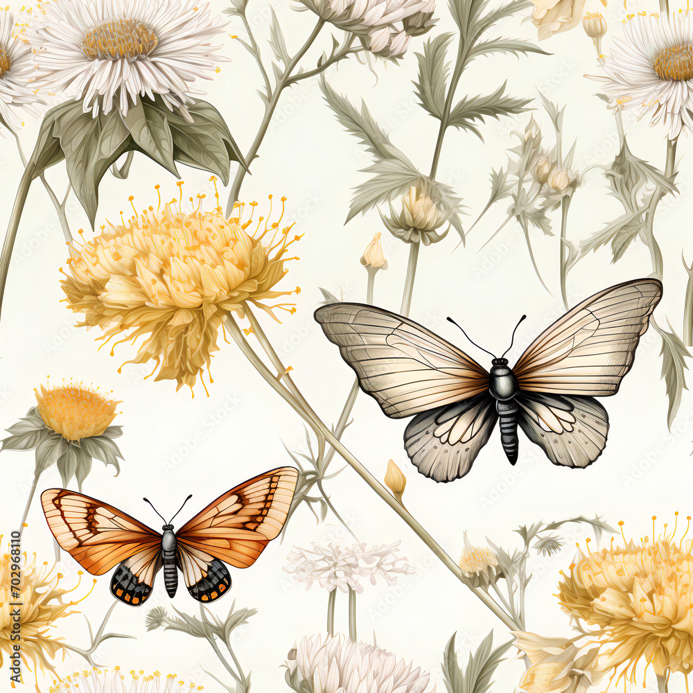 Vintage hand-drawn style butterflies and flowers tileable background pattern of English botanicals
