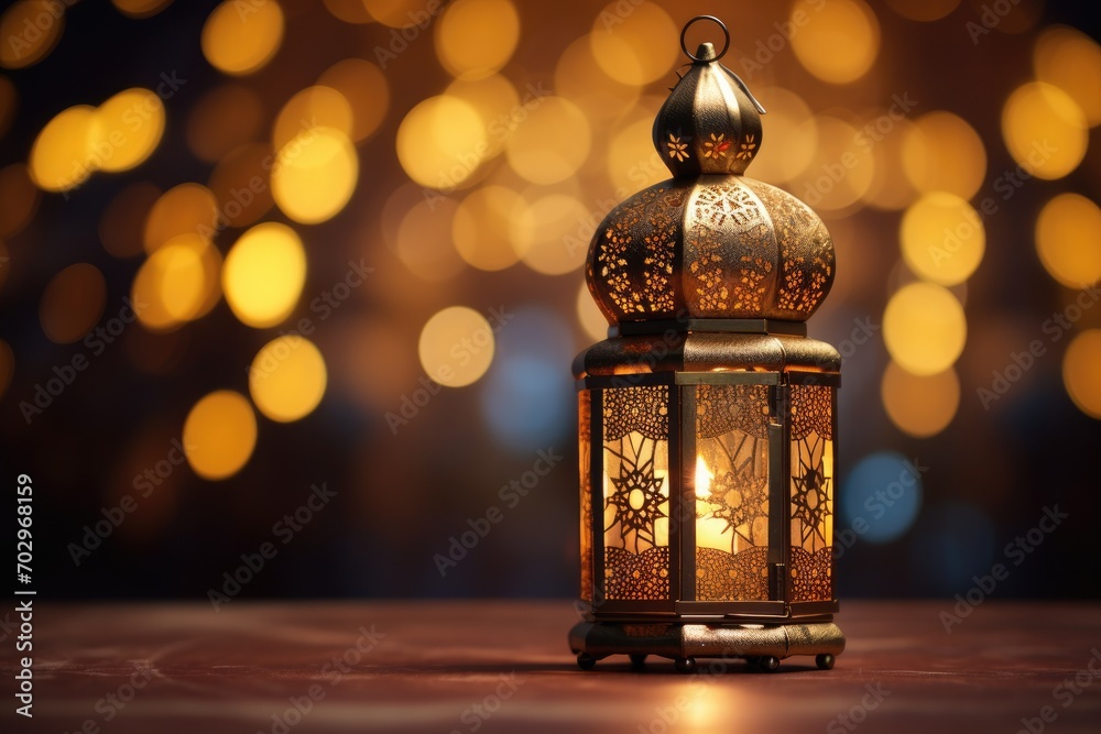 Lantern with bokeh lights on background. Ramadan Kareem, Ornamental Arabic lantern with burning candle glowing at night and glittering golden bokeh lights, AI Generated Lantern with bokeh lights on background. Ramadan Kareem, Ornamental Arabic lantern with burning candle glowing at night and glittering golden bokeh lights, AI Generated