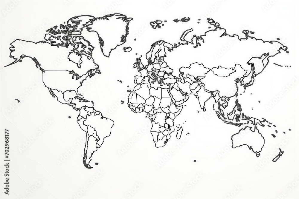 White paper world map on a white background. 3d rendering, Outlined map of the world in line art, black and white, AI Generated White paper world map on a white background. 3d rendering, Outlined map of the world in line art, black and white, AI Generated