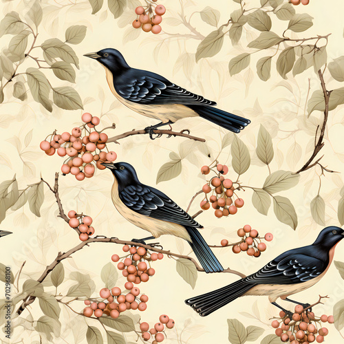 Vintage hand-drawn-style pattern with birds, leaves and berries