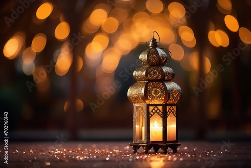 Lantern with bokeh background, Ramadan Kareem concept, Ornamental Arabic lantern with burning candle glowing at night and glittering golden bokeh lights, AI Generated