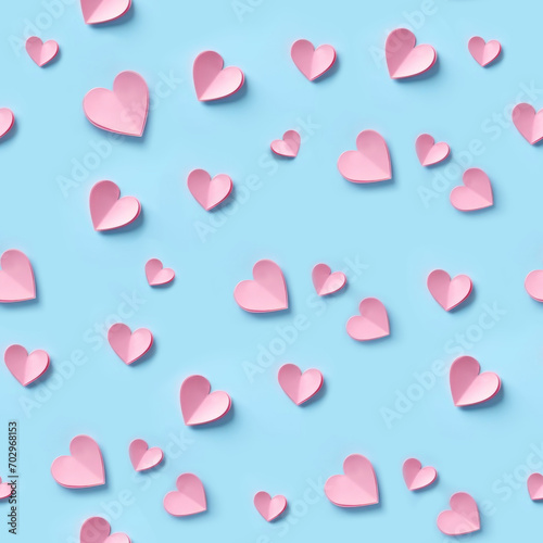 Seamless pattern of Valentines Day pink paper hearts on blue background. Love concept. Greeting card.