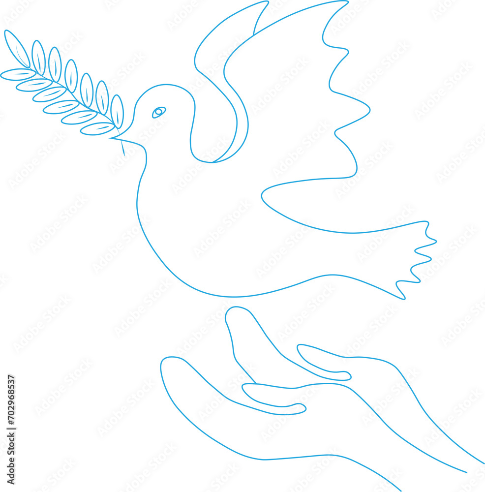 The dove of peace with an olive branch takes off from his hands. The concept of peace and friendship of peoples. The dove of peace with an olive branch takes off from his hands. The concept of peace and friendship of peoples.
