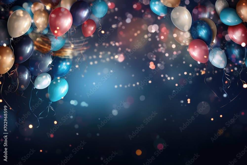 Blue and white balloons in dark room with sparkling lights. 3D Rendering, Party Background with lights, confetti, balloons and serpentine, AI Generated