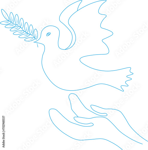 The dove of peace with an olive branch takes off from his hands. The concept of peace and friendship of peoples.