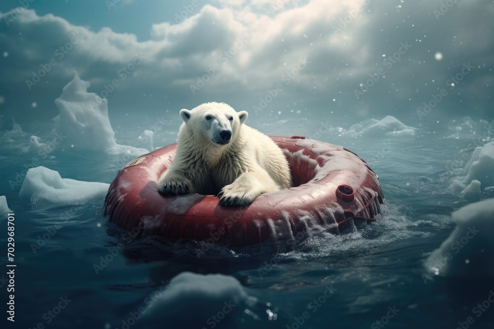 Polar bear on an inflatable ring in the sea. Toned, Polar bear floating on lifebuoy surrounded by melting snow, AI Generated