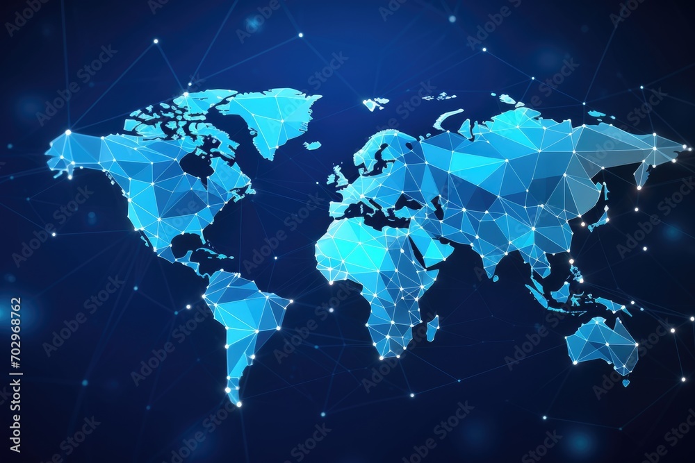 Obraz premium Abstract polygonal world map on dark blue background. Vector illustration, Polygon world map with blockchain technology peer-to-peer network on a blue background, AI Generated