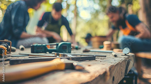 A group of people with different tools working together on a DIY project, Teamwork, blurred background, with copy space photo
