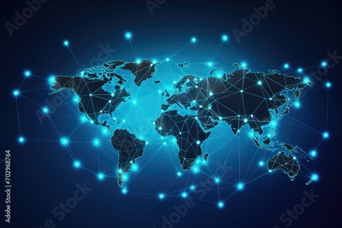 Abstract digital world map with connection lines and dots on blue background. Vector illustration  Polygon world map with blockchain technology peer-to-peer network on a blue background  AI Generated