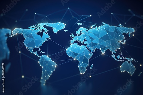 Digital world map on blue background. Technology and communication concept. 3D Rendering, Polygon world map with blockchain technology peer-to-peer network on a blue background, AI Generated