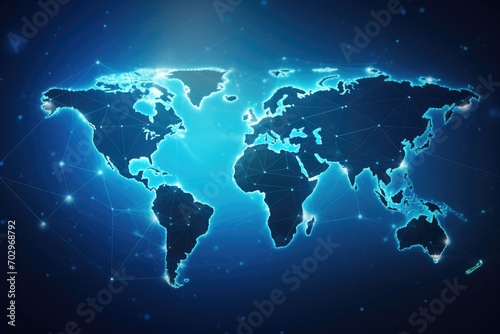 Abstract polygonal world map on dark blue background. Global network connection concept, Polygon world map with blockchain technology peer-to-peer network on a blue background, AI Generated