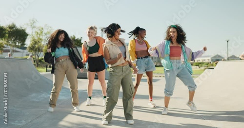 Group, dancing or women in park with hip hop fashion, cool retro swag and freestyle for wellness. Music, people or gen z friends outdoors with energy, freedom or unique talent for a fun celebration