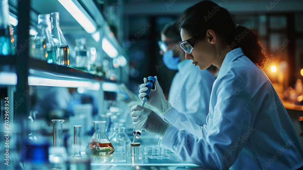 A team of scientists collaborating in a laboratory, Teamwork, blurred background, with copy space A team of scientists collaborating in a laboratory, Teamwork, blurred background, with copy space