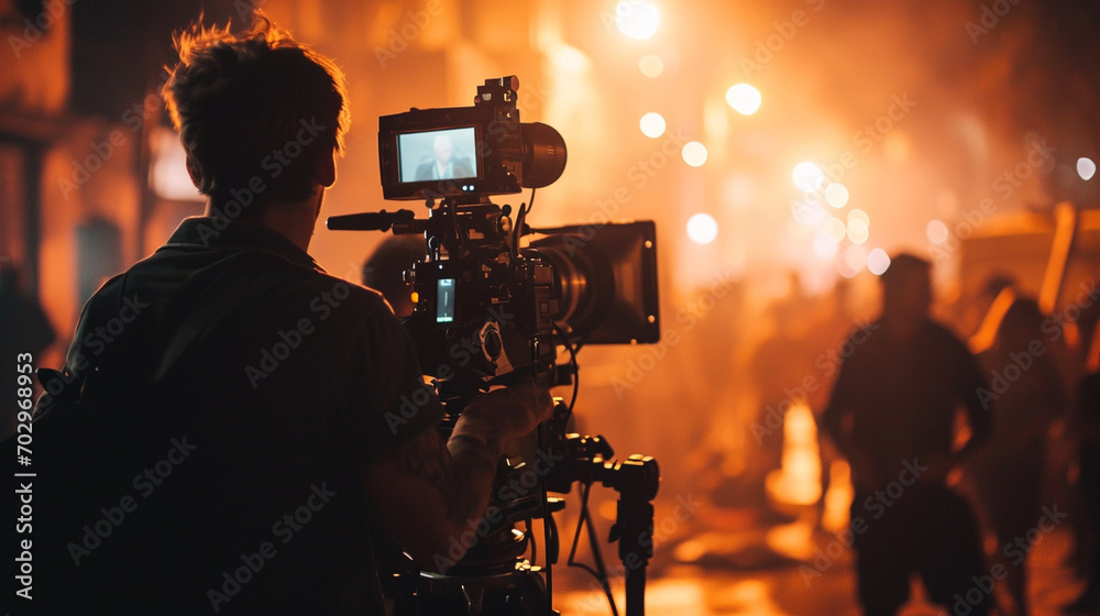 A film crew working together on a movie set, Teamwork, blurred background, with copy space A film crew working together on a movie set, Teamwork, blurred background, with copy space