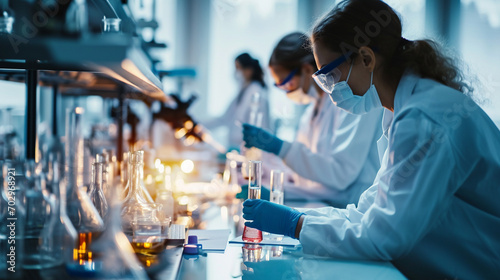 A team of scientists collaborating in a laboratory, Teamwork, blurred background, with copy space photo