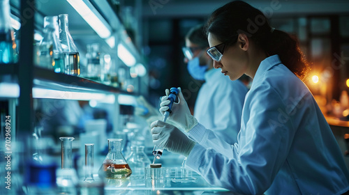 A team of scientists collaborating in a laboratory, Teamwork, blurred background, with copy space