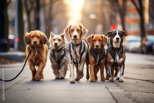 Group of dogs walking on the street in the city. Pet animals, Professional Dog Walkers, Dog Walking Business, AI Generated photo