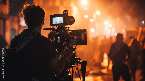 A film crew working together on a movie set, Teamwork, blurred background, with copy space