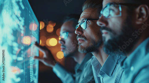 A diverse IT team discussing strategies on a digital whiteboard  Team  Teamwork  blurred background  with copy space