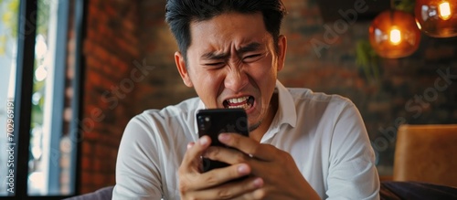 Asian man's amused expression turns to disappointment over smartphone results.