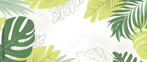 Abstract background of green botanical tropical palm leaves branches in the jungle with space for advertising. Design for prints wall art banner poster fabric decoration. Flat doodle style. Vector ill