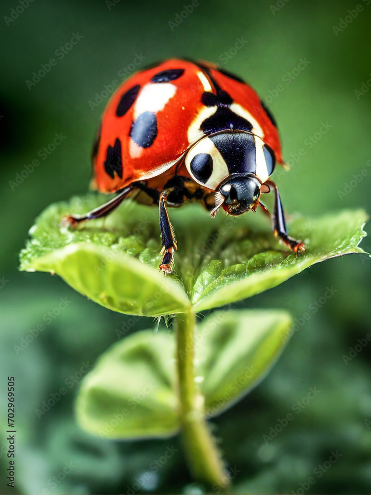 bold and colorful artistic close-up shot lady bug crawling on the leave