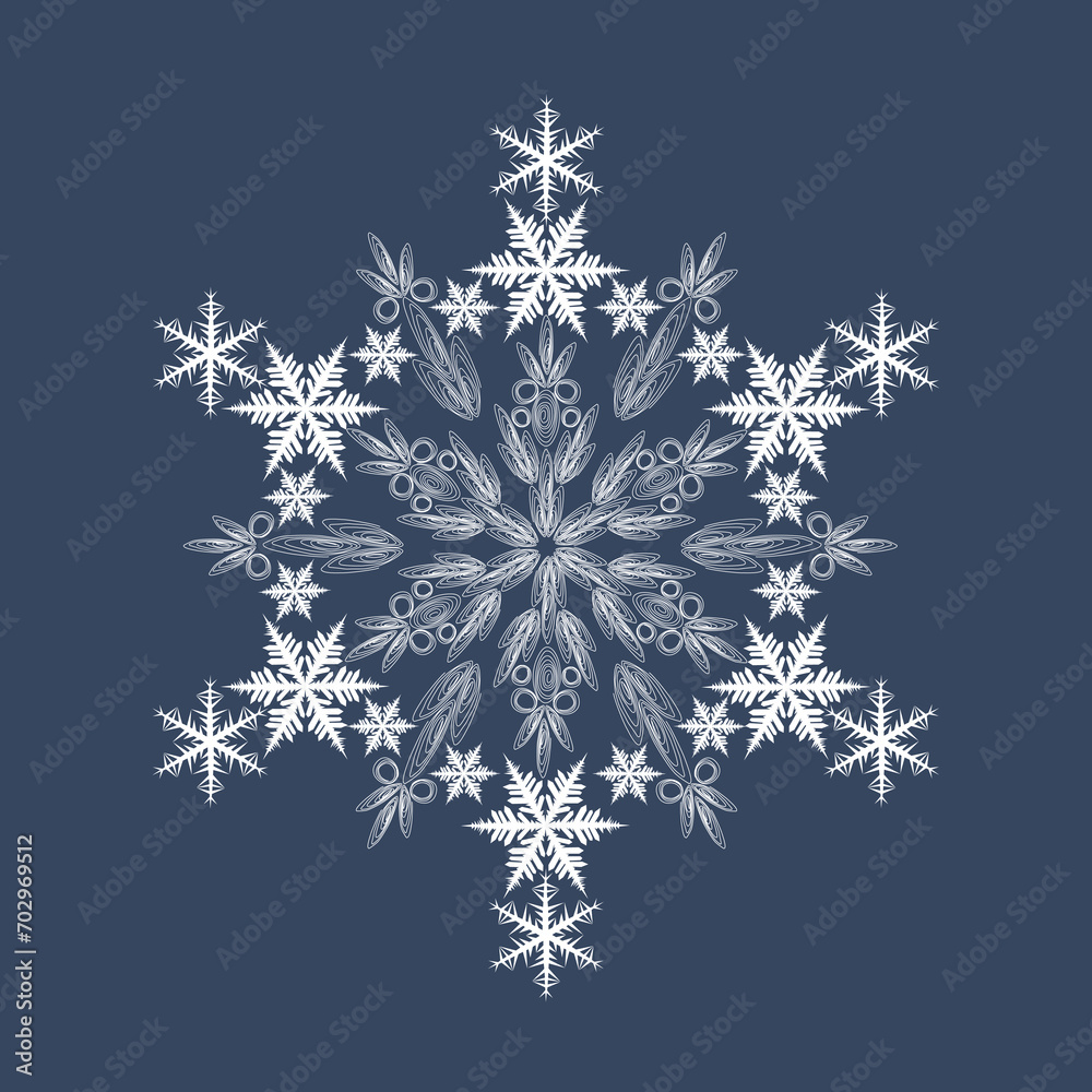Author's design of white hexagonal vector snowflake on blue background Author's design of white hexagonal vector snowflake on blue background
