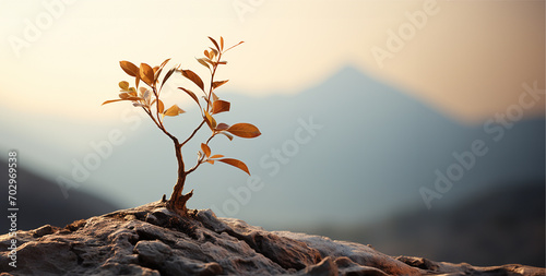 small young plants flowers sprouting through hard old soil. new life. banner. copy space photo