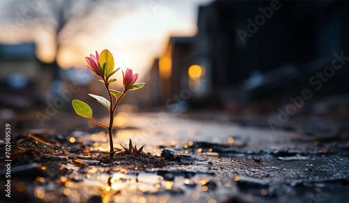 small young plants flowers sprouting through hard old soil. new life. banner. copy space © Olya Komarova