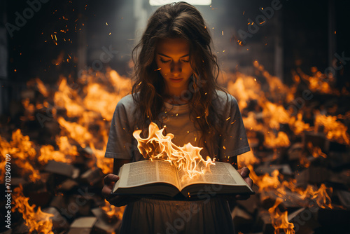 a woman sits among burning books, holding a burning book in her hands. manuscripts don't burn. fire and life photo