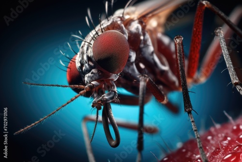 Macro of a mosquito on a red blood cell - 3D render, Microscopic image of a mosquito, AI Generated © Ifti Digital