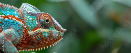 Close-up of a colorful chameleon on a tree branch