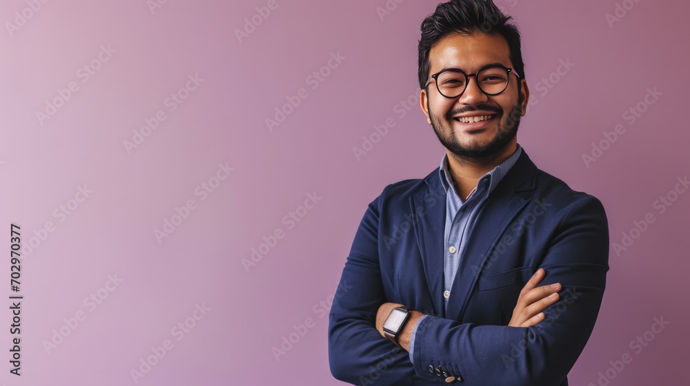 Man is smiling and standing confidently with his arms crossed, set against a plain purple background Man is smiling and standing confidently with his arms crossed, set against a plain purple background