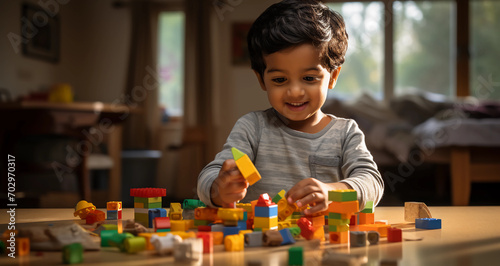 A young Indian toddler playing with building blocks photo