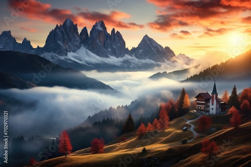 Mountain landscape with wooden house in the middle of foggy valley, Mountains in fog with a beautiful house and church at night in autumn, Landscape with high rocks, a blue sky, AI Generated photo