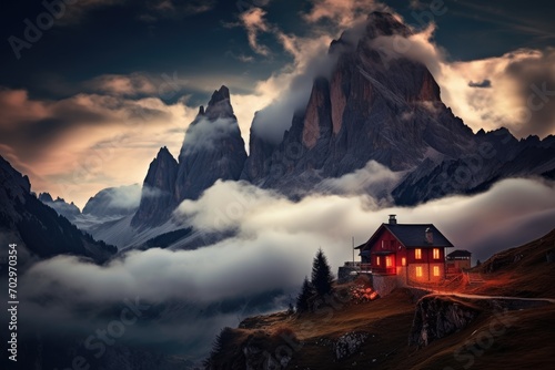 Beautiful sunset in the mountains of the Dolomites, Italy, Mountains in fog with a beautiful house and church at night in autumn, Landscape with high rocks, a blue sky with the, AI Generated