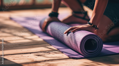 Close-up of a person's hands rolling up a purple yoga mat photo