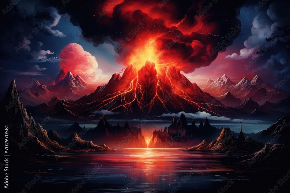 Fototapeta premium Fantasy landscape with mountains and lake. Digital painting. 3D illustration, Night fantasy landscape with abstract mountains and an island on the water, an explosive volcano with, AI Generated