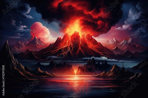 Fantasy landscape with mountains and lake. Digital painting. 3D illustration, Night fantasy landscape with abstract mountains and an island on the water, an explosive volcano with, AI Generated