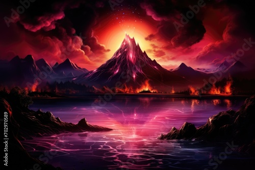 Fantasy landscape with mountain and lake at night. Digital painting, Night fantasy landscape with abstract mountains and an island on the water, an explosive volcano with burning, AI Generated © Ifti Digital