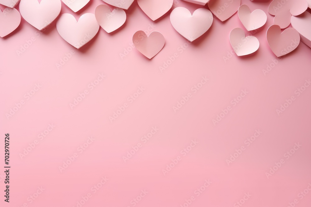 Valentine's day background with pink paper hearts on pink background, Pink paper hearts soar on a soft pink-colored background, forming a border with copy space, AI Generated