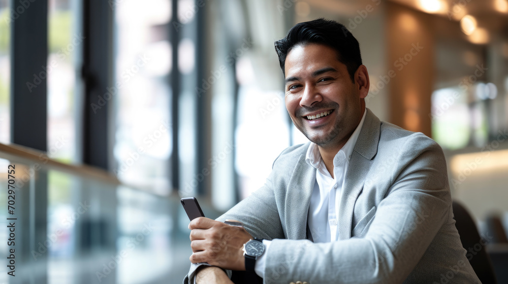 Smiling man using a smartphone, texting or browsing, in a well-lit office space Smiling man using a smartphone, texting or browsing, in a well-lit office space