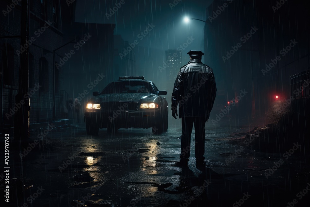 Security guard standing in front of car at night with foggy background, Policemen standing on a street corner, overseeing a crime scene, Cops in the big city, AI Generated