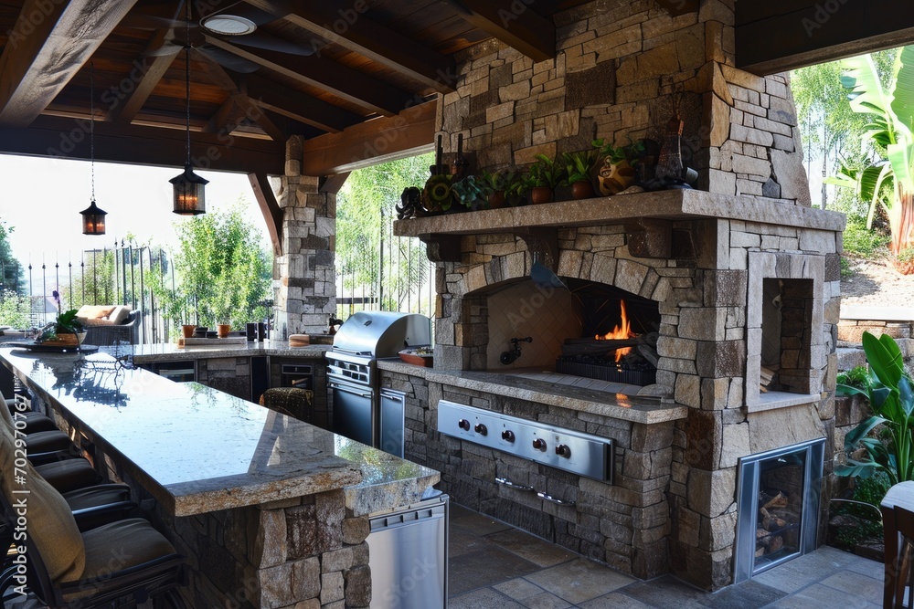 Stone gas fireplace in the garden in the outdoor kitchen Stone gas fireplace in the garden in the outdoor kitchen
