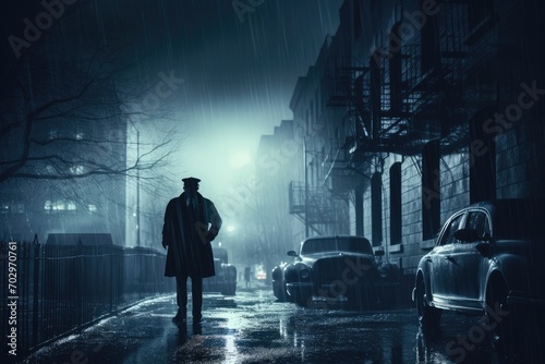 Silhouette of a man in raincoat standing in the street at night  Policemen standing on a street corner  overseeing a crime scene  Cops in the big city  in a noir novel or film style  AI Generated